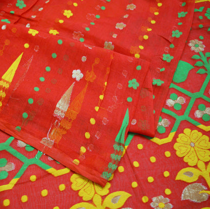 Indian Vintage Sari Red Hand Woven Sari Cotton Saree Fabric 5Yard Floral Soft Golden Zari