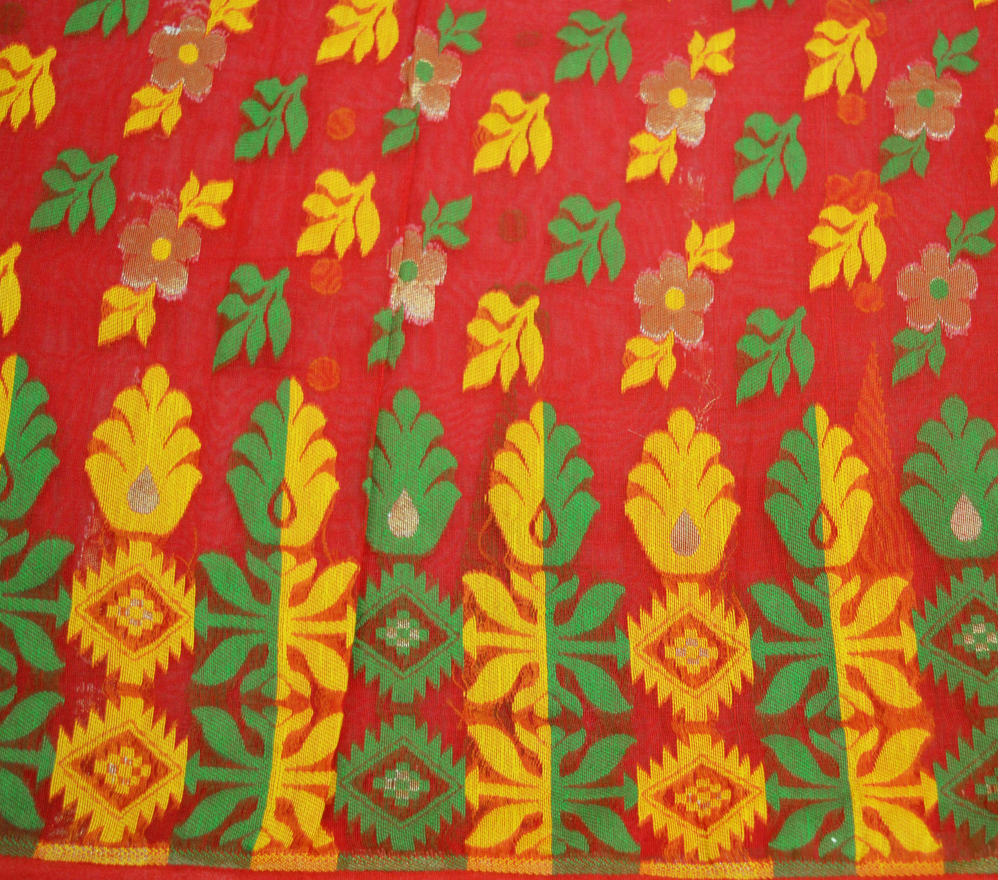 Indian Vintage Sari Red Hand Woven Sari Cotton Saree Fabric 5Yard Floral Soft Golden Zari