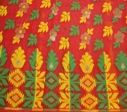 Indian Vintage Sari Red Hand Woven Sari Cotton Saree Fabric 5Yard Floral Soft Golden Zari