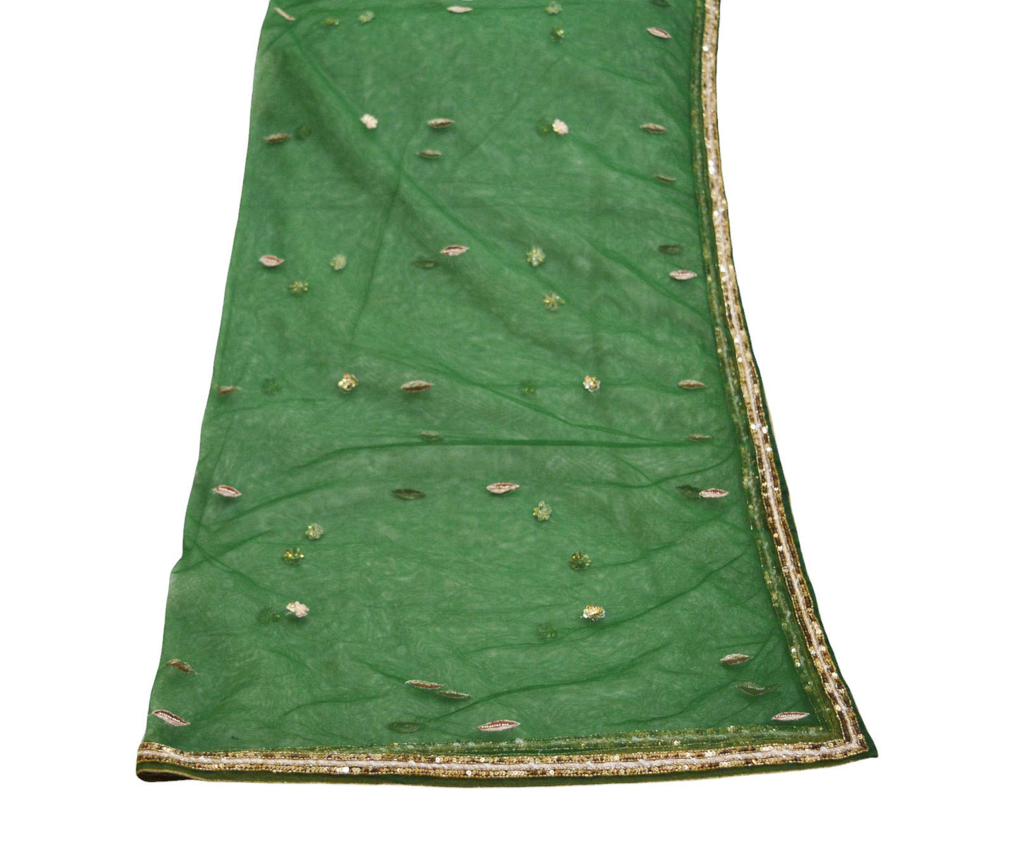 Indian Vintage Green Dupatta Long Stole Net Mess Hand Embroidered Scarves Veil Hijab Sequins