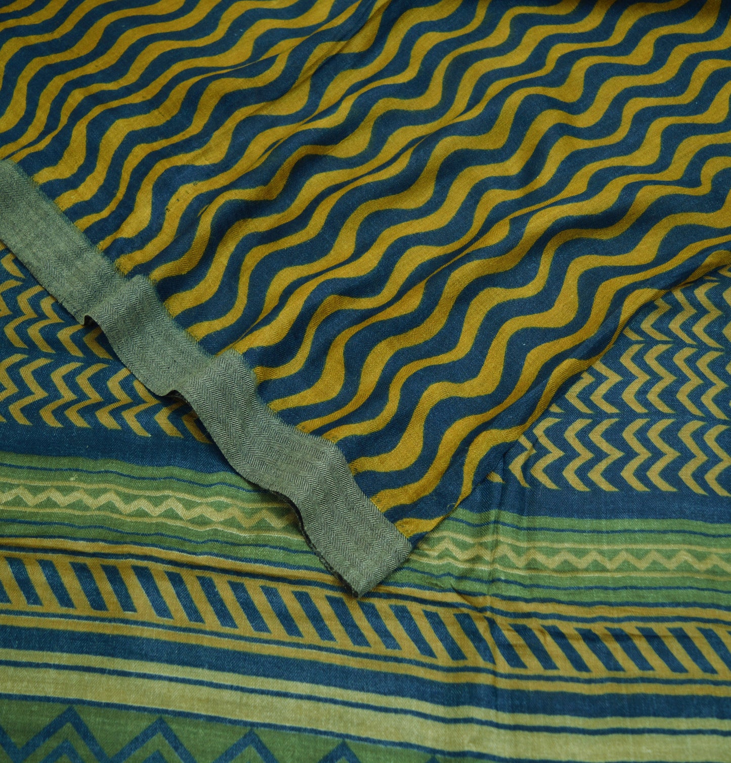 Vintage Blue & saffron Heavy Saree Pure Woolen Woven Printed Indian Sari Soft Warm Fabric 5Yard Stripes Zigzag