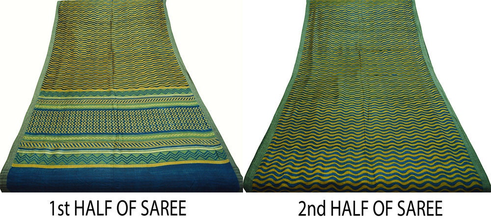 Vintage Blue & saffron Heavy Saree Pure Woolen Woven Printed Indian Sari Soft Warm Fabric 5Yard Stripes Zigzag