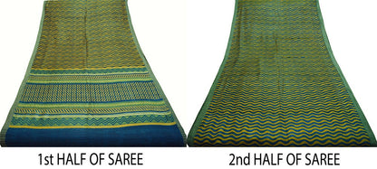 Vintage Blue & saffron Heavy Saree Pure Woolen Woven Printed Indian Sari Soft Warm Fabric 5Yard Stripes Zigzag