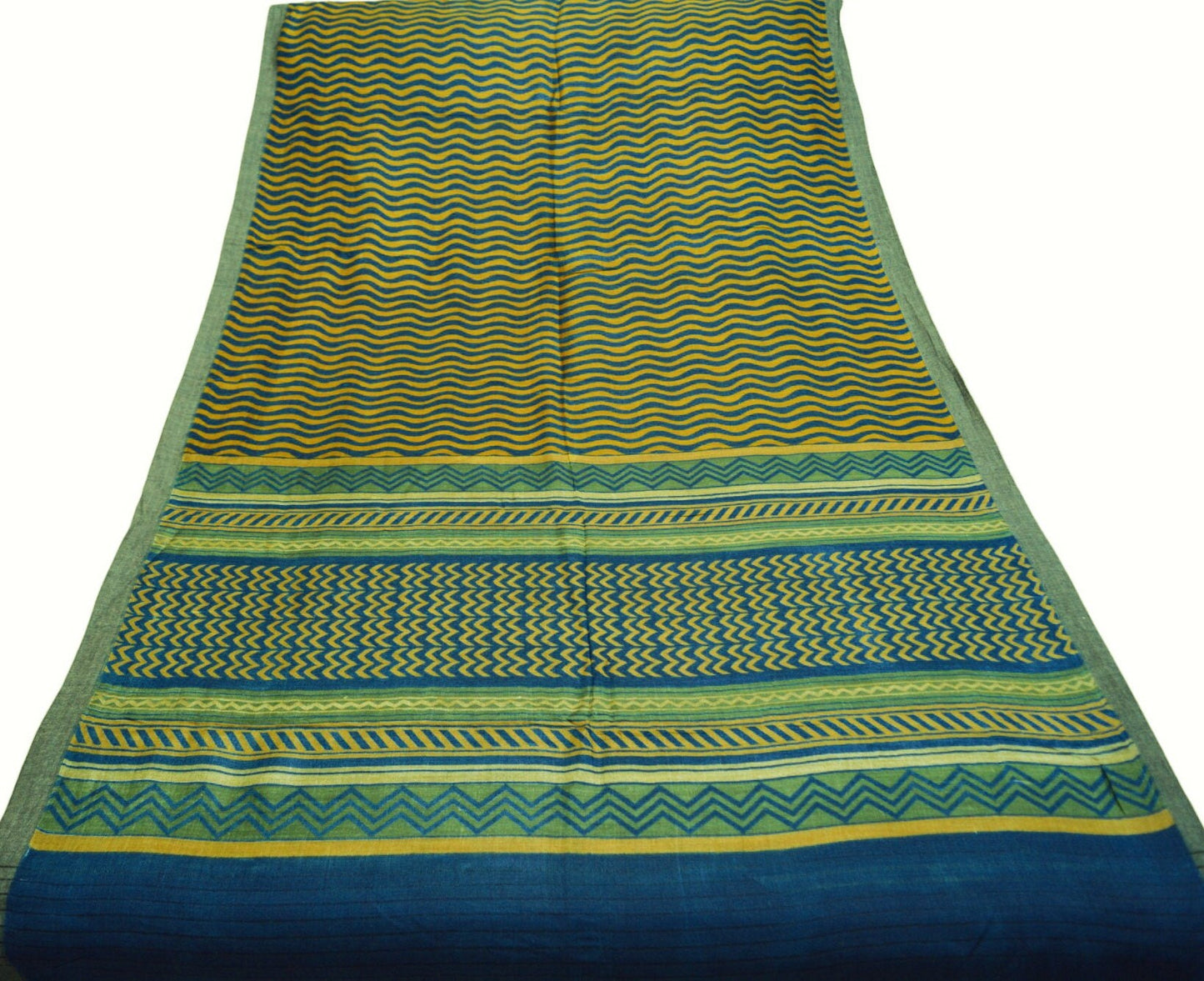 Vintage Blue & saffron Heavy Saree Pure Woolen Woven Printed Indian Sari Soft Warm Fabric 5Yard Stripes Zigzag