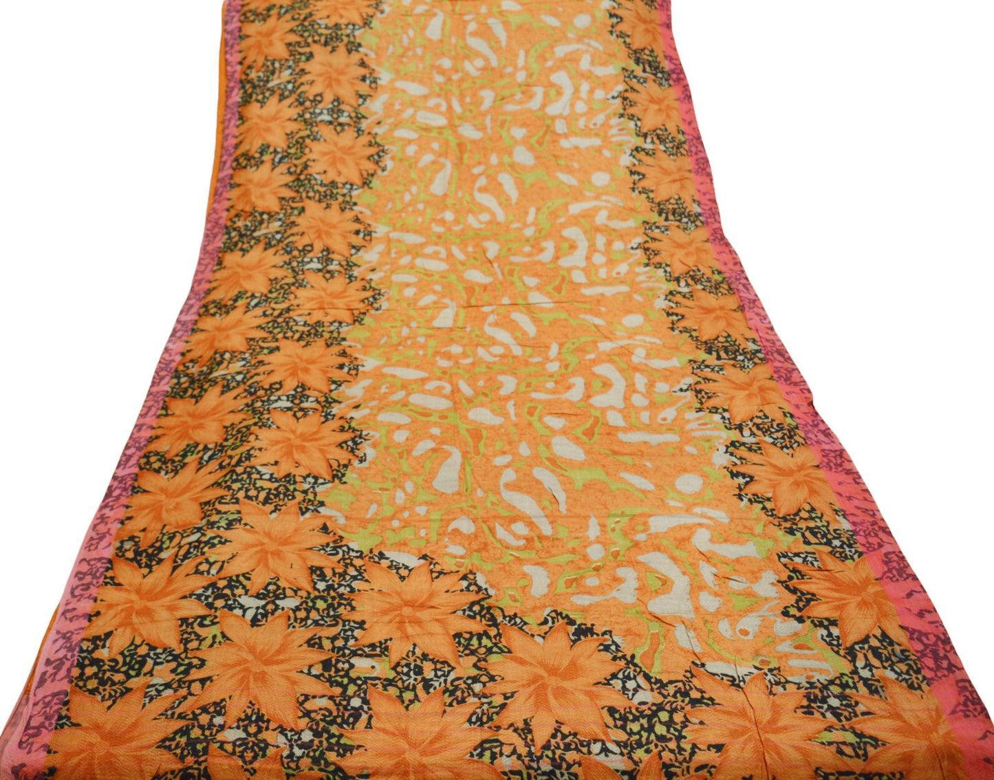 Vintage Orange & Black Heavy Saree Pure Woolen Woven Printed Indian Sari Soft Warm Fabric 5Yard Floral