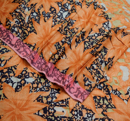 Vintage Orange & Black Heavy Saree Pure Woolen Woven Printed Indian Sari Soft Warm Fabric 5Yard Floral