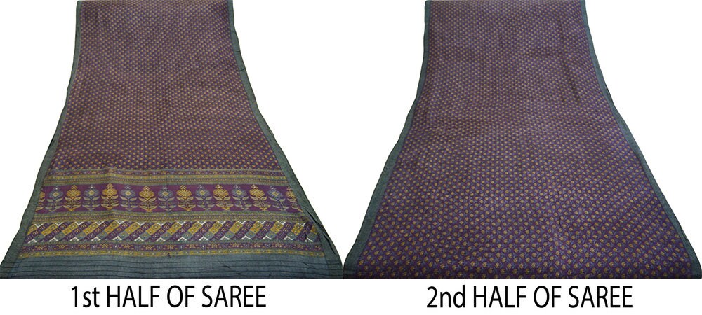 Vintage Purple & Gray Heavy Saree Pure Woolen Woven Printed Indian Sari Soft Warm Fabric 5Yard Floral