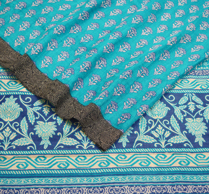 Vintage Blue Heavy Saree Pure Woolen Woven Printed Indian Sari Soft Warm Fabric 5Yard Floral Woven Border