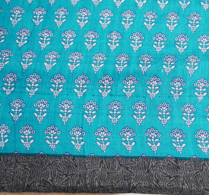 Vintage Blue Heavy Saree Pure Woolen Woven Printed Indian Sari Soft Warm Fabric 5Yard Floral Woven Border