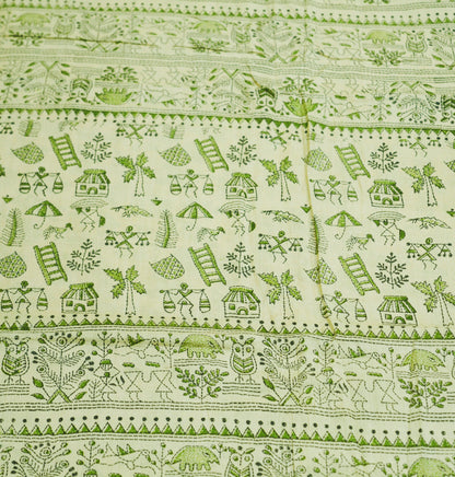 Indian Vintage Ivory Saree Pure Khadi Silk Handloom Warli Printed Indian Sari Fabric 5yard Ethnic Wear Sari Floral