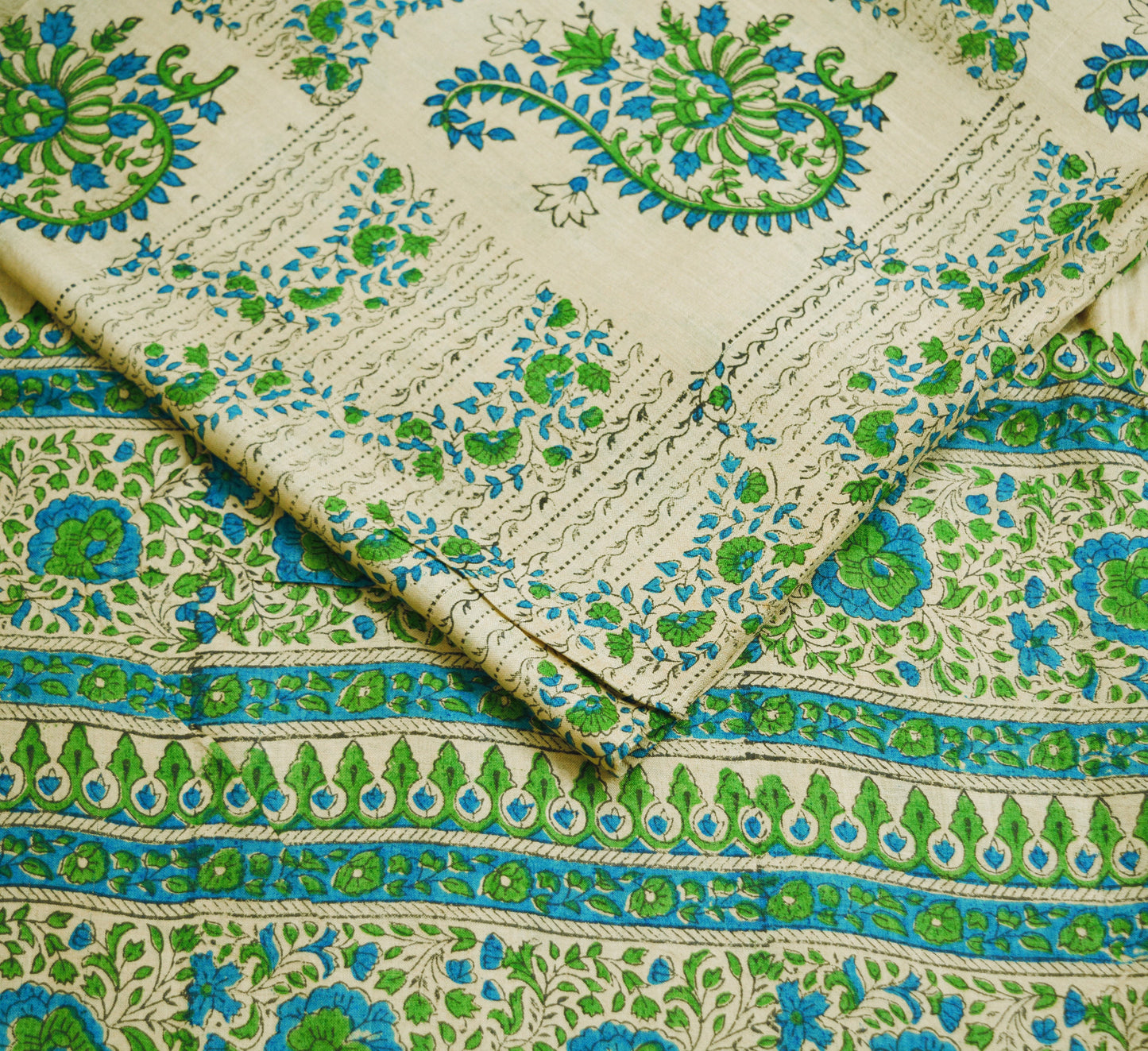 Indian Vintage Cream Saree Pure Khadi Silk Handloom Printed Indian Sari Fabric 6yard Ethnic Wear Floral Fringes on pallu