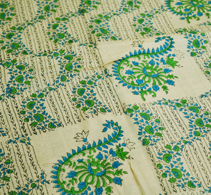 Indian Vintage Cream Saree Pure Khadi Silk Handloom Printed Indian Sari Fabric 6yard Ethnic Wear Floral Fringes on pallu