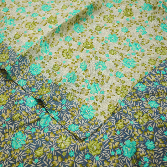 Vintage Sari Blue & Ivory Pure Silk Printed Saree Fabric 5yard Sewing Soft Dress Designing for Crafting Floral