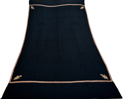 Vintage Black Pure Woolen Shawl Handmade Suzani Long Throw Stole Warm Stole Floral Design