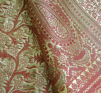 Indian Vintage Sari Dark Red Heavy Wedding Pure Satin Silk Woven Banarasi Brocade Saree Zari 5Yd