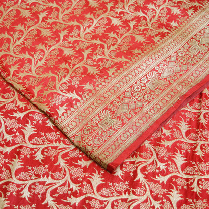 Indian Vintage Sari Dark Red Heavy Wedding Pure Satin Silk Woven Banarasi Brocade Saree Zari 5Yd