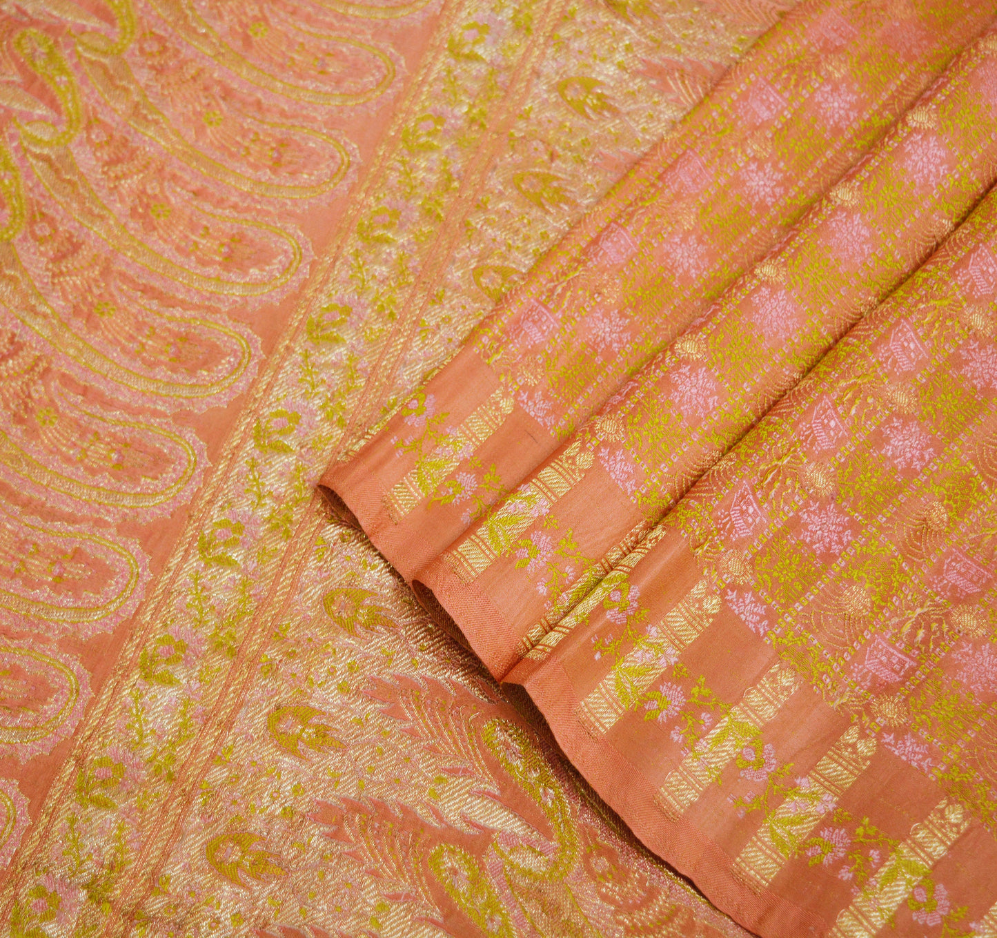 Indian Vintage Sari Heavy Wedding Pure Satin Silk Peach Woven Banarasi Brocade Saree Zari 5Yard