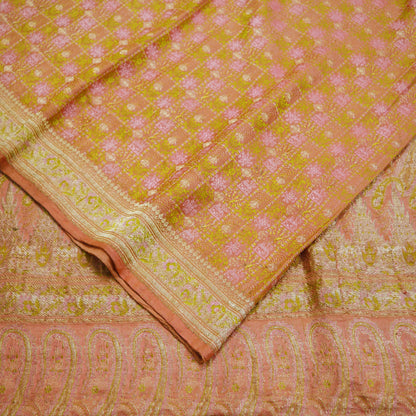 Indian Vintage Sari Heavy Wedding Pure Satin Silk Peach Woven Banarasi Brocade Saree Zari 5Yard