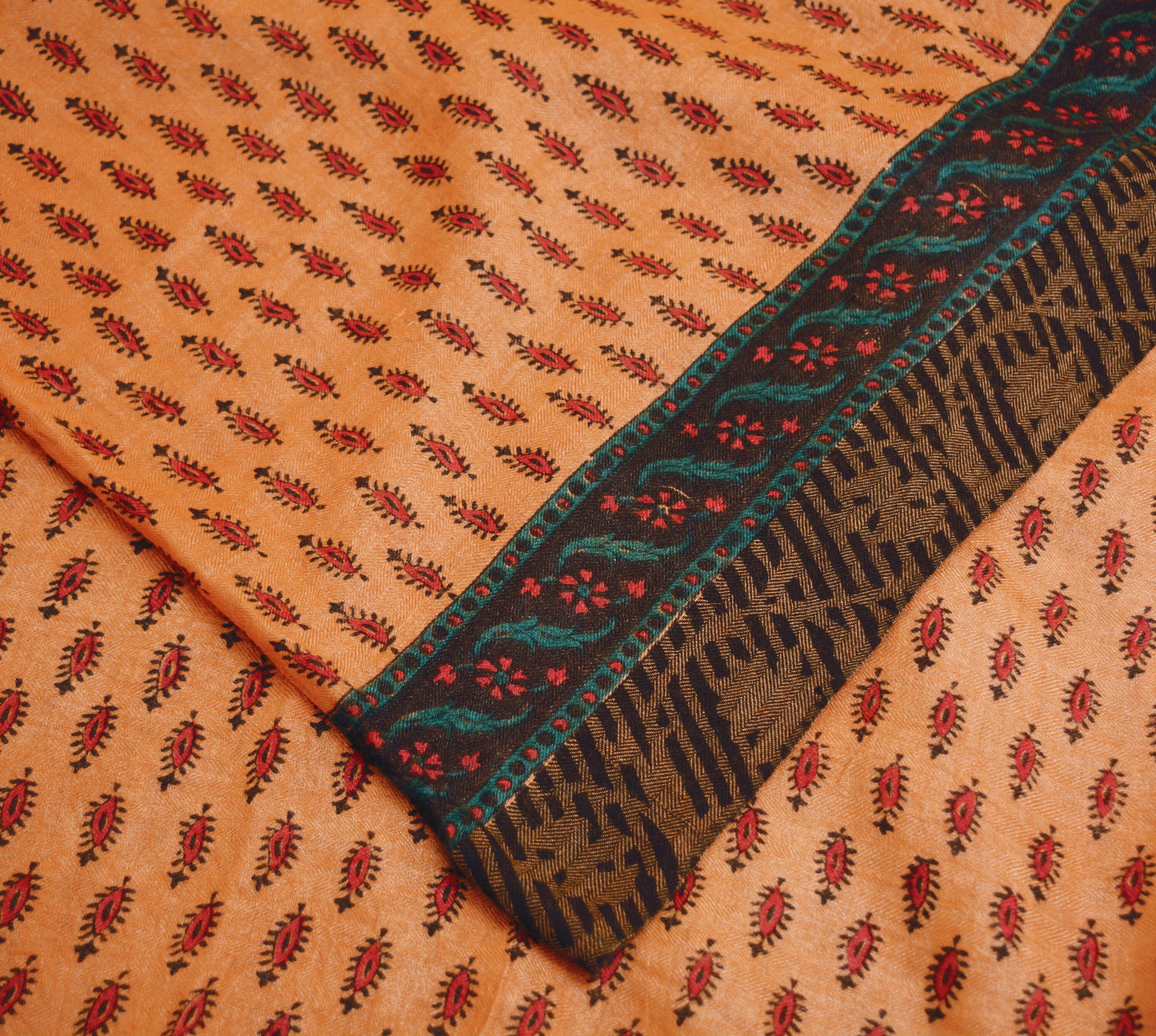 Vintage Peach Heavy Saree Pure Woolen Woven Printed Indian Sari Soft Warm Fabric 5Yard Floral Woven Border