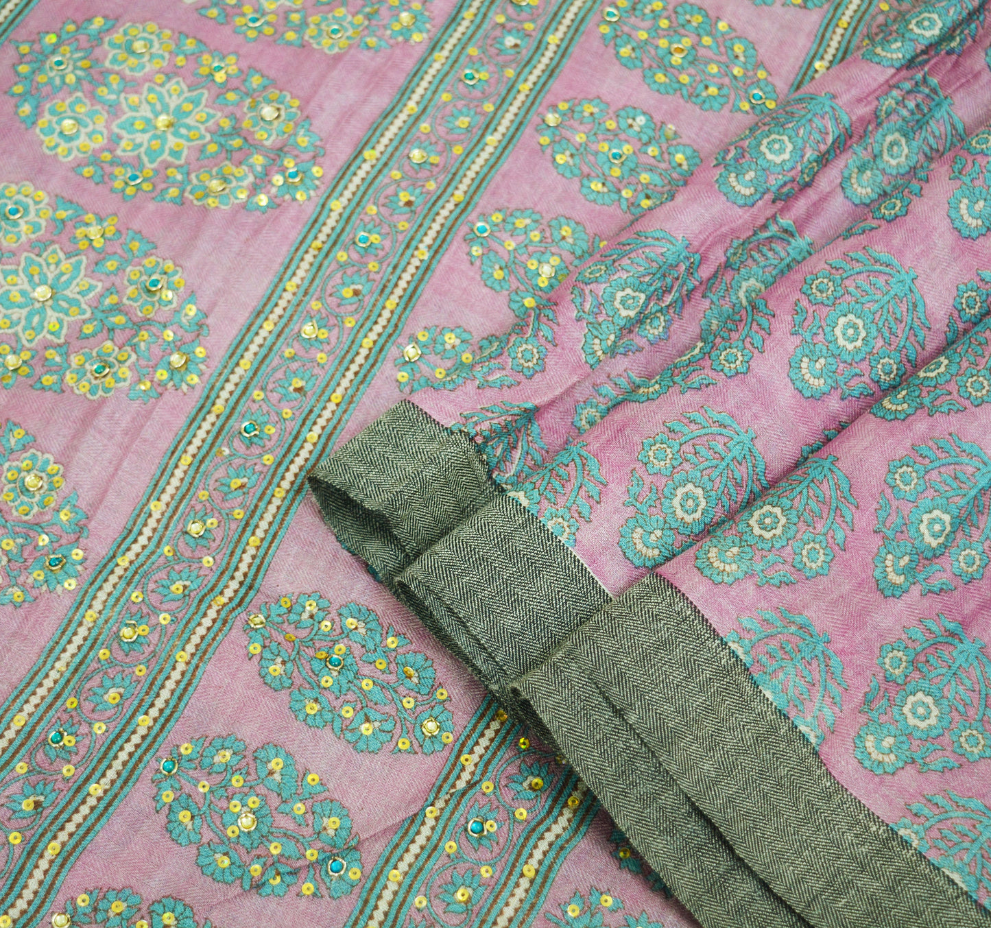 Vintage Purple Heavy Saree Pure Woolen Embroidered Printed Indian Sari Soft Warm Fabric 5Yard Floral Woven Border