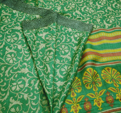 Vintage Green Heavy Saree Pure Woolen Woven Printed Indian Sari Soft Warm Fabric 5Yard Floral Woven Border