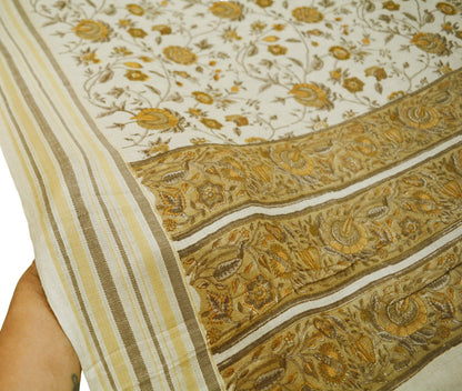 Vintage Beige Heavy Saree Pure Woolen Woven Printed Indian Sari Soft Warm Fabric 5Yard Floral Woven Border Fringes