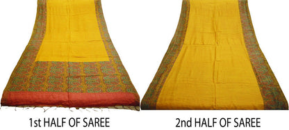 Vintage Saffron Heavy Saree Pure Woolen Woven Printed Indian Sari Soft Warm Fabric 5Yard Floral Fringes On pallu