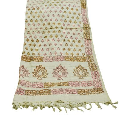 Indian Vintage Ivory Dupatta Long Stole 100% Pure Khadi Silk Hand Woven/ Painted Indian Scarves Veil Scarf Wrap Hippie Fringes