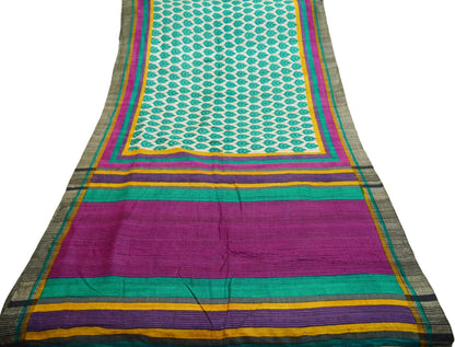 Indian Vintage Heavy Beige & Green Saree Pure Khadi Silk Handloom Indian Sari Craft Fabric 5yard Ethnic Wear Sari