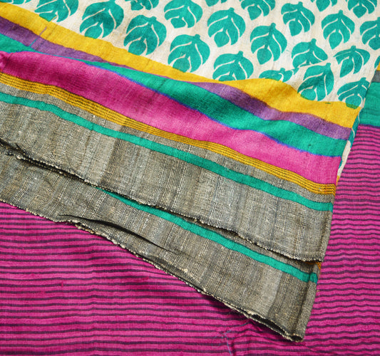 Indian Vintage Heavy Beige & Green Saree Pure Khadi Silk Handloom Indian Sari Craft Fabric 5yard Ethnic Wear Sari