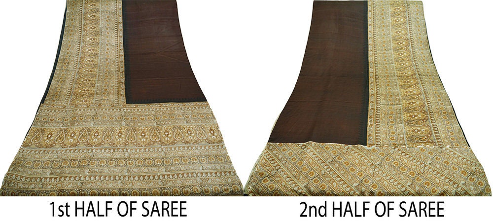 Indian Vintage Sari Brown & Black Pure Silk Printed Saree 5yd Sewing Craft Fabric DressMaking Soft