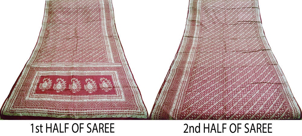 Indian Vintage Sari Maroon 100% Pure Silk Printed Saree Fabric 5yard Sewing Craft DressMaking  Soft Paisley