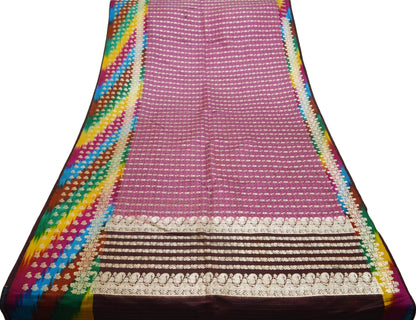 Indian Vintage Sari Pink Heavy Wedding Pure Satin Silk Woven Banarasi Brocade Saree Golden Zari 5Yard