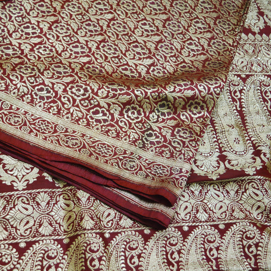 Indian Vintage Sari Maroon Heavy Wedding Pure Satin Silk Woven Banarasi Brocade Saree Golden Zari 5Yd