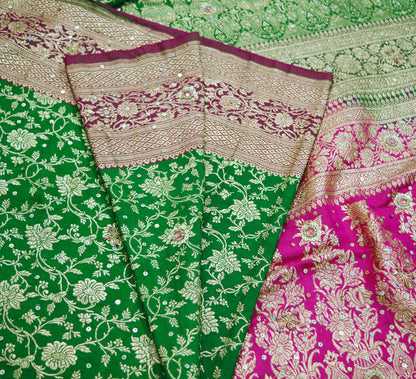 Vintage Sari Heavy Wedding Pure Satin Silk Hand Embroidered Banarsi Brocade Saree Zari/Zardozi/Dabka 5Yd