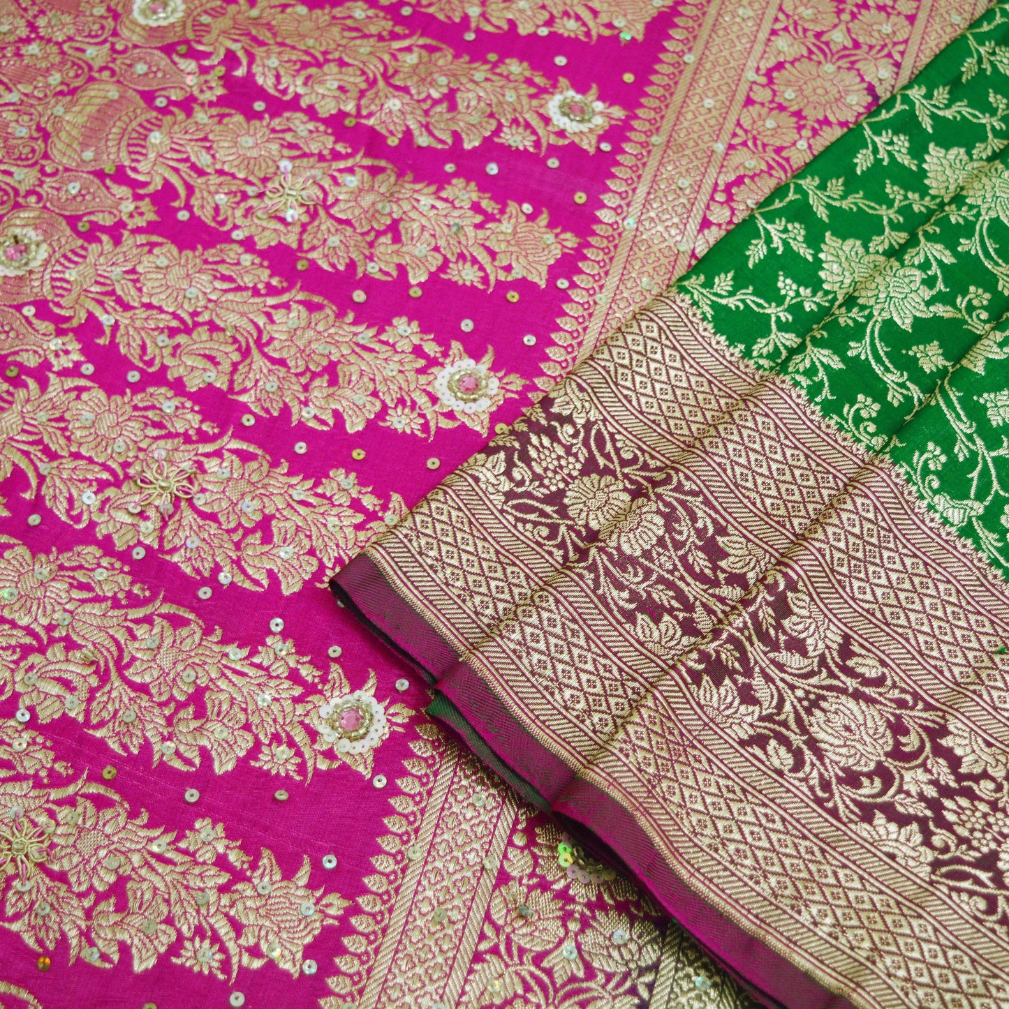 Vintage Sari Heavy Wedding Pure Satin Silk Hand Embroidered Banarsi Brocade Saree Zari/Zardozi/Dabka 5Yd