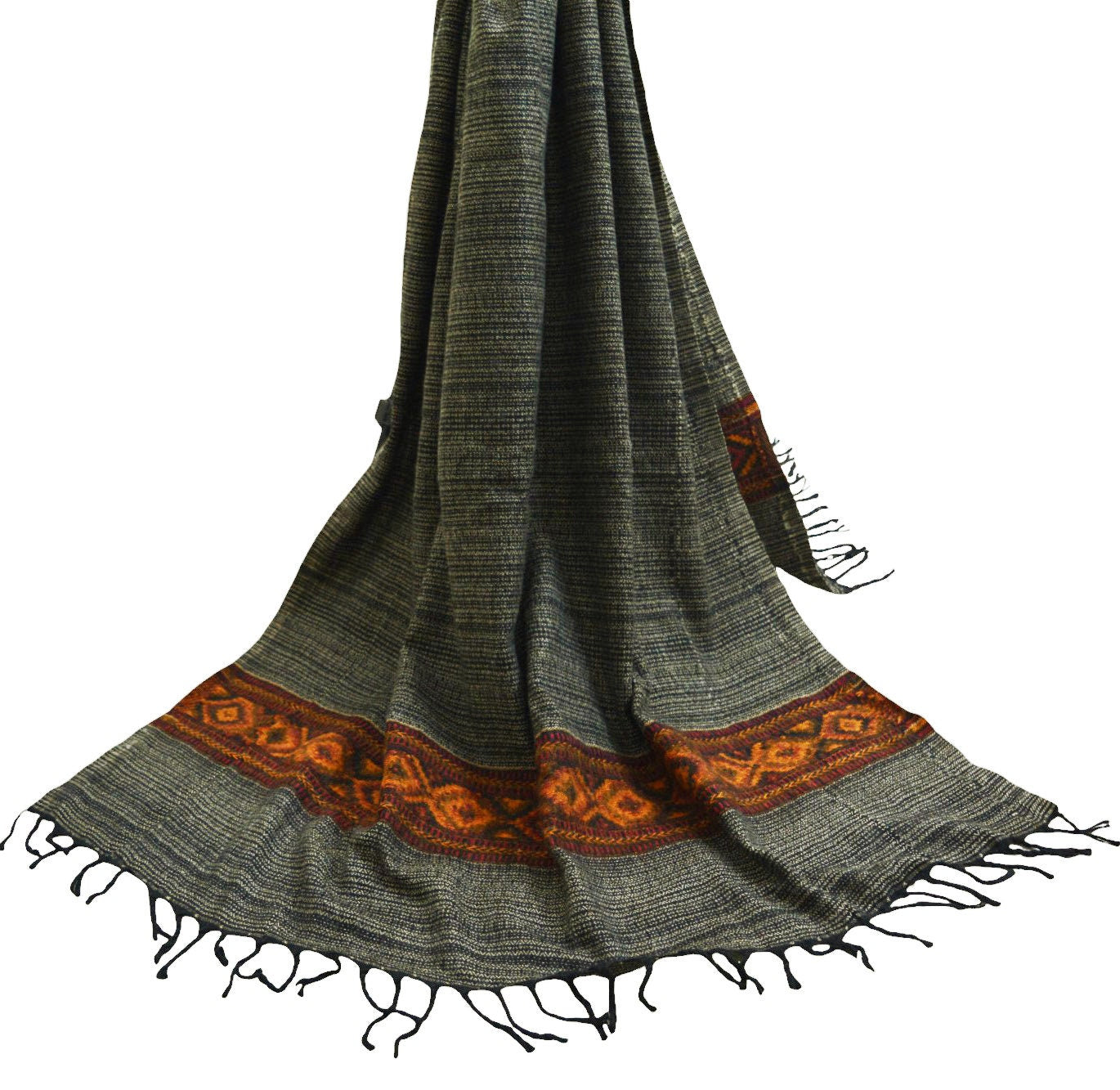 Vintage Black & beige Woolen Handmade Kullu Shawl Woven work Long Throw Stole Warm Stole Warm Fringes