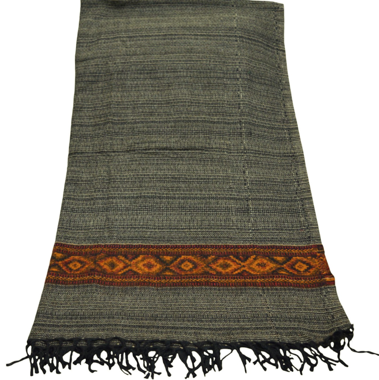 Vintage Black & beige Woolen Handmade Kullu Shawl Woven work Long Throw Stole Warm Stole Warm Fringes