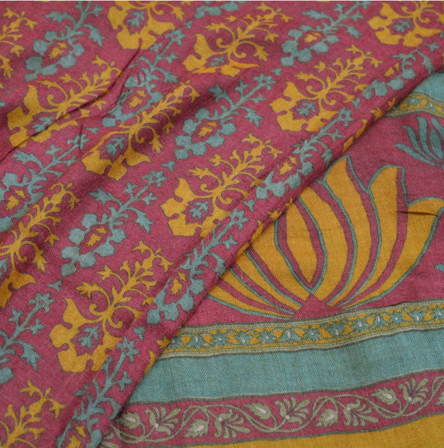 Vintage Red Heavy Saree Pure Woolen Woven Printed Indian Sari Soft Warm Fabric 5Yard Floral Woven Border