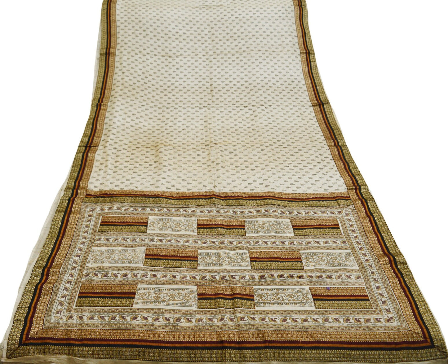 Indian Vintage Beige Saree Pure Khadi Silk Handloom Printed Indian Sari Fabric 6yard Ethnic Wear Floral