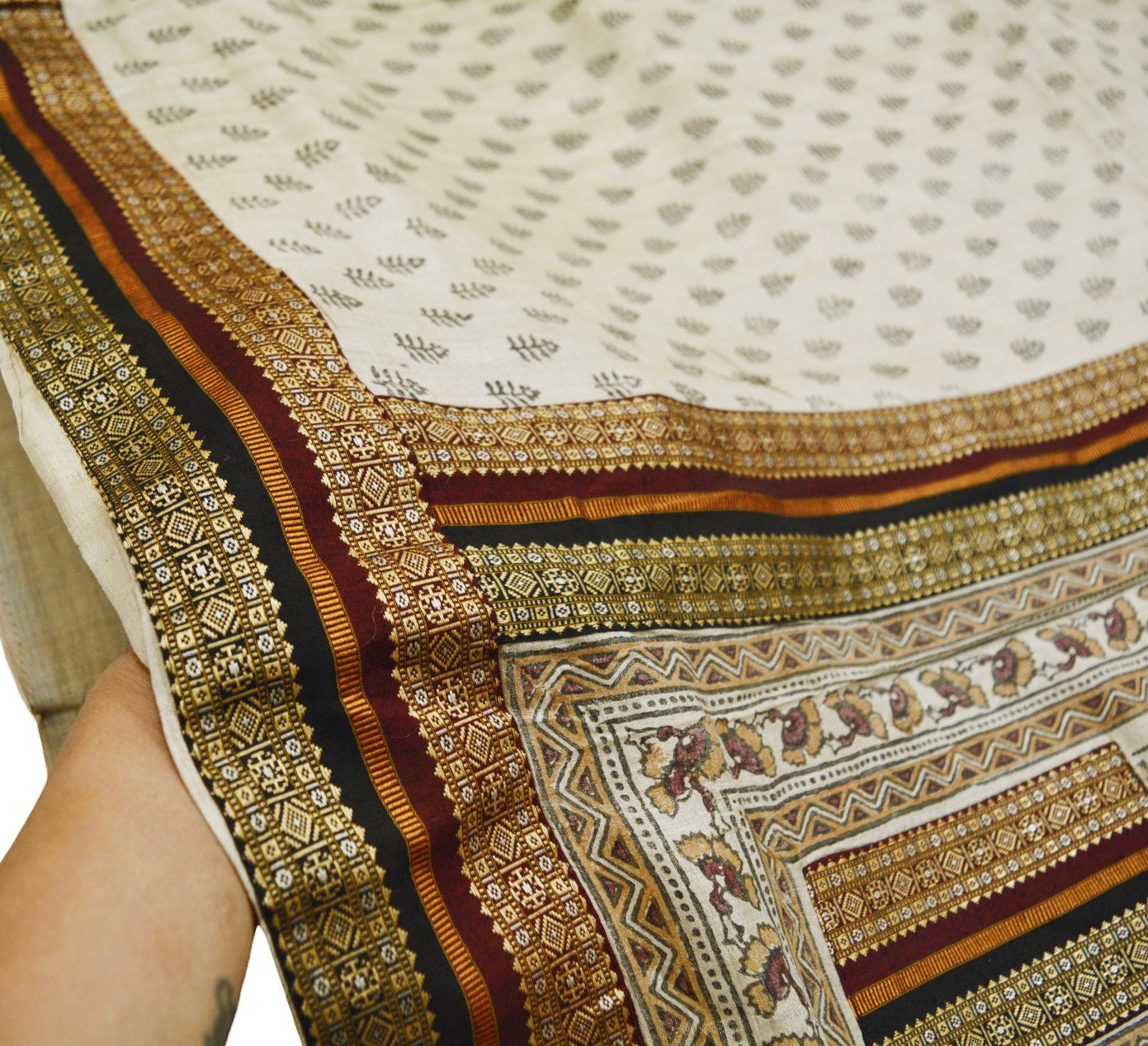 Indian Vintage Beige Saree Pure Khadi Silk Handloom Printed Indian Sari Fabric 6yard Ethnic Wear Floral