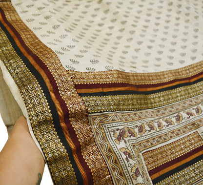 Indian Vintage Beige Saree Pure Khadi Silk Handloom Printed Indian Sari Fabric 6yard Ethnic Wear Floral