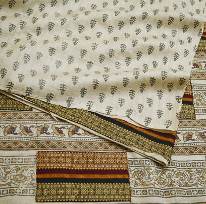 Indian Vintage Beige Saree Pure Khadi Silk Handloom Printed Indian Sari Fabric 6yard Ethnic Wear Floral