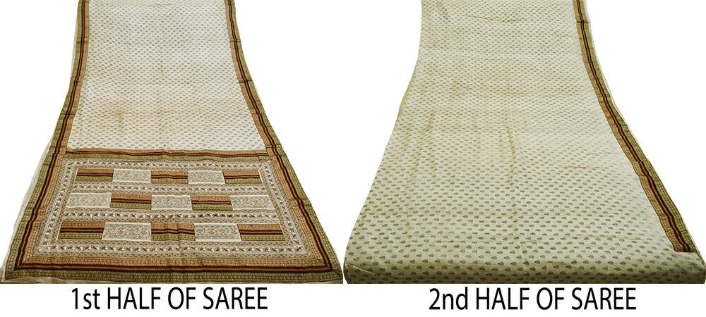 Indian Vintage Beige Saree Pure Khadi Silk Handloom Printed Indian Sari Fabric 6yard Ethnic Wear Floral