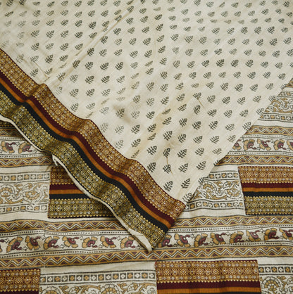 Indian Vintage Beige Saree Pure Khadi Silk Handloom Printed Indian Sari Fabric 6yard Ethnic Wear Floral