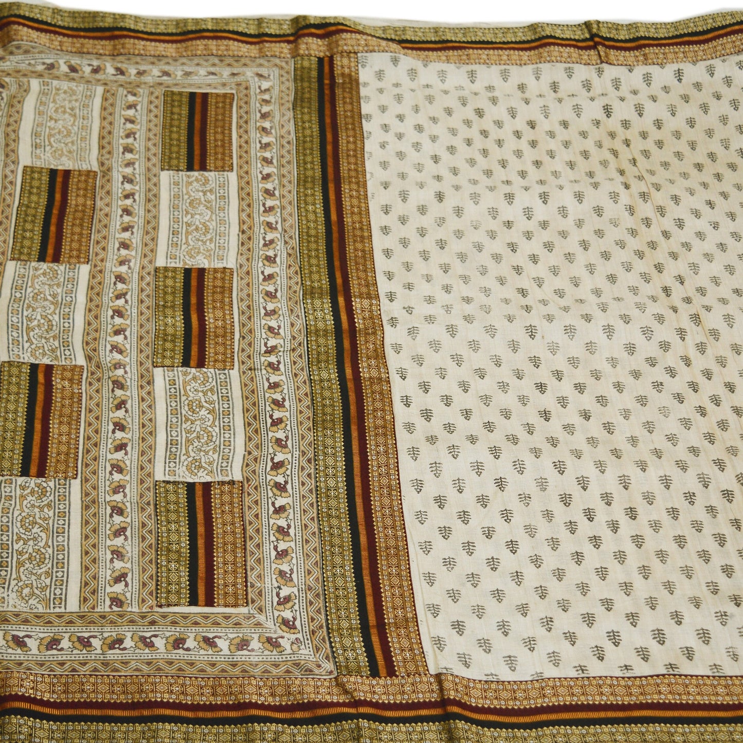 Indian Vintage Beige Saree Pure Khadi Silk Handloom Printed Indian Sari Fabric 6yard Ethnic Wear Floral