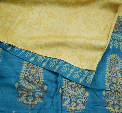 Indian Vintage Blue & beige Saree Pure Khadi Silk Handloom Hand Printed/Printed Indian Sari Fabric 5yard Ethnic Wear Sari