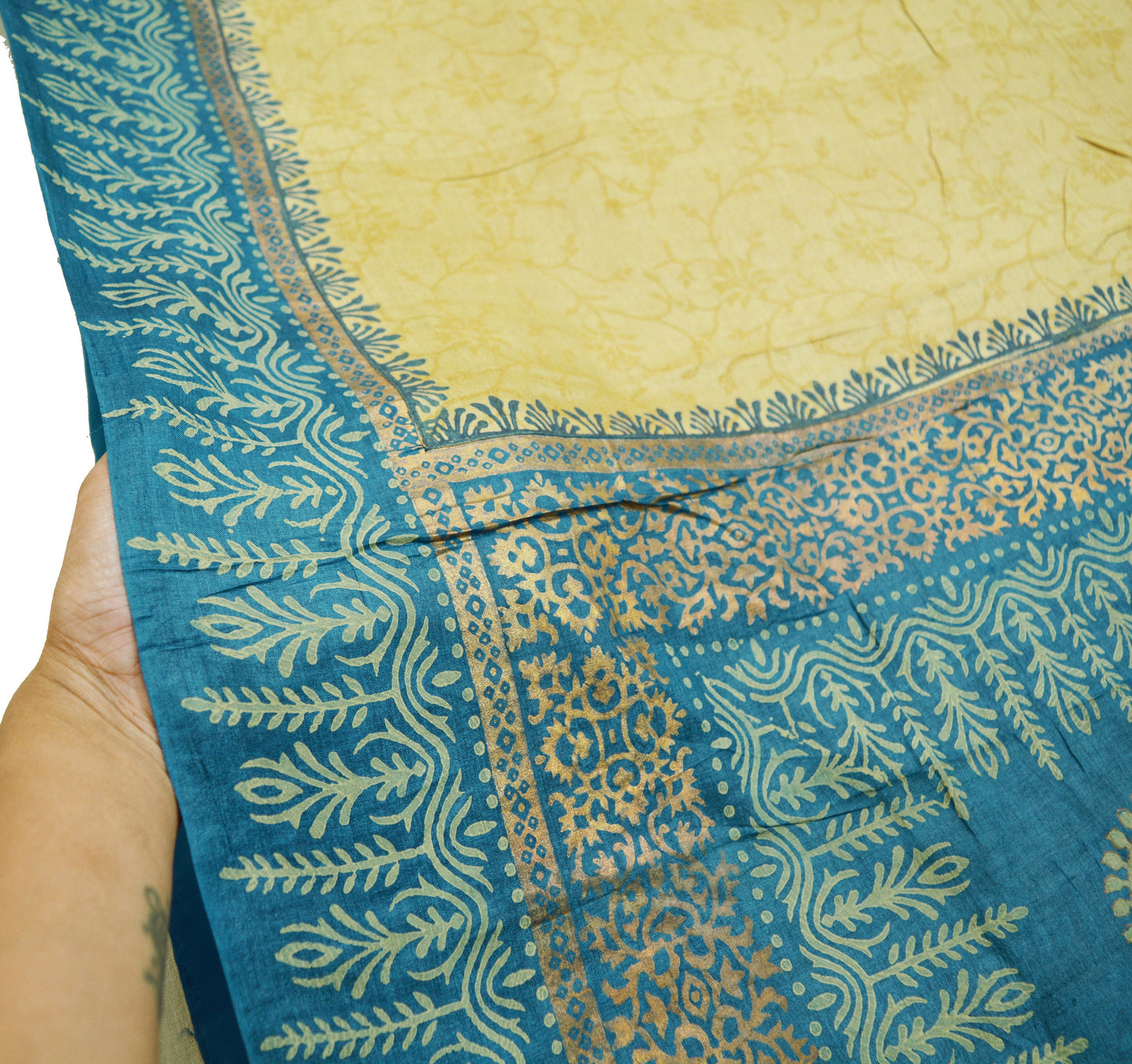 Indian Vintage Blue & beige Saree Pure Khadi Silk Handloom Hand Printed/Printed Indian Sari Fabric 5yard Ethnic Wear Sari