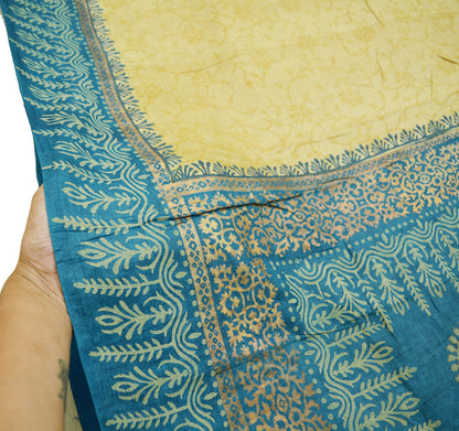 Indian Vintage Blue & beige Saree Pure Khadi Silk Handloom Hand Printed/Printed Indian Sari Fabric 5yard Ethnic Wear Sari