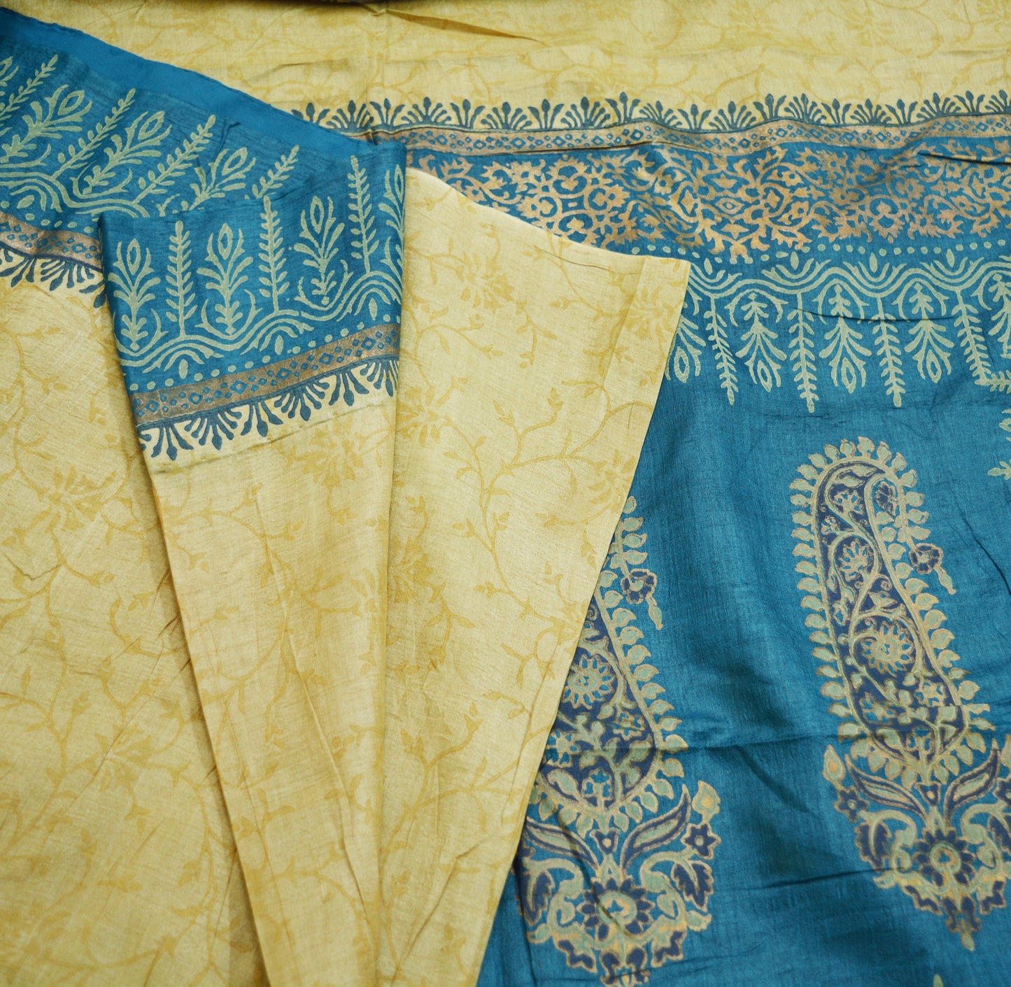 Indian Vintage Blue & beige Saree Pure Khadi Silk Handloom Hand Printed/Printed Indian Sari Fabric 5yard Ethnic Wear Sari